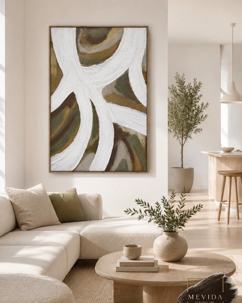 Akışın İzleri | Modern Soyut Dokulu Tablo MDF Kabartmalı Yeşil Bej Duvar Dekoru 80x120 cm
