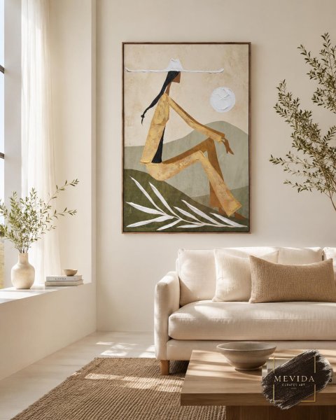 Altın Düşler | Modern Kadın Figürlü Dokulu Tablo MDF Kabartmalı Duvar Dekoru 80x120 cm