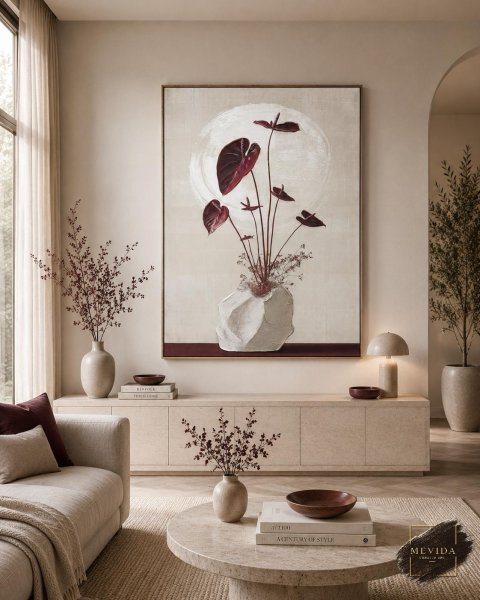 Bordo Antoryum | Modern Botanik Vazo Temalı MDF Salon Tablosu 80x120 cm