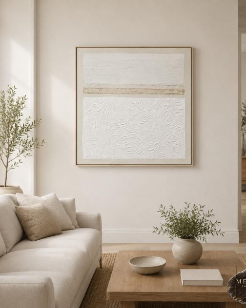 Minimalist Beyaz | Dokulu Tablo 80x80 cm MDF Çerçeveli Modern Dekoratif Duvar Tablosu